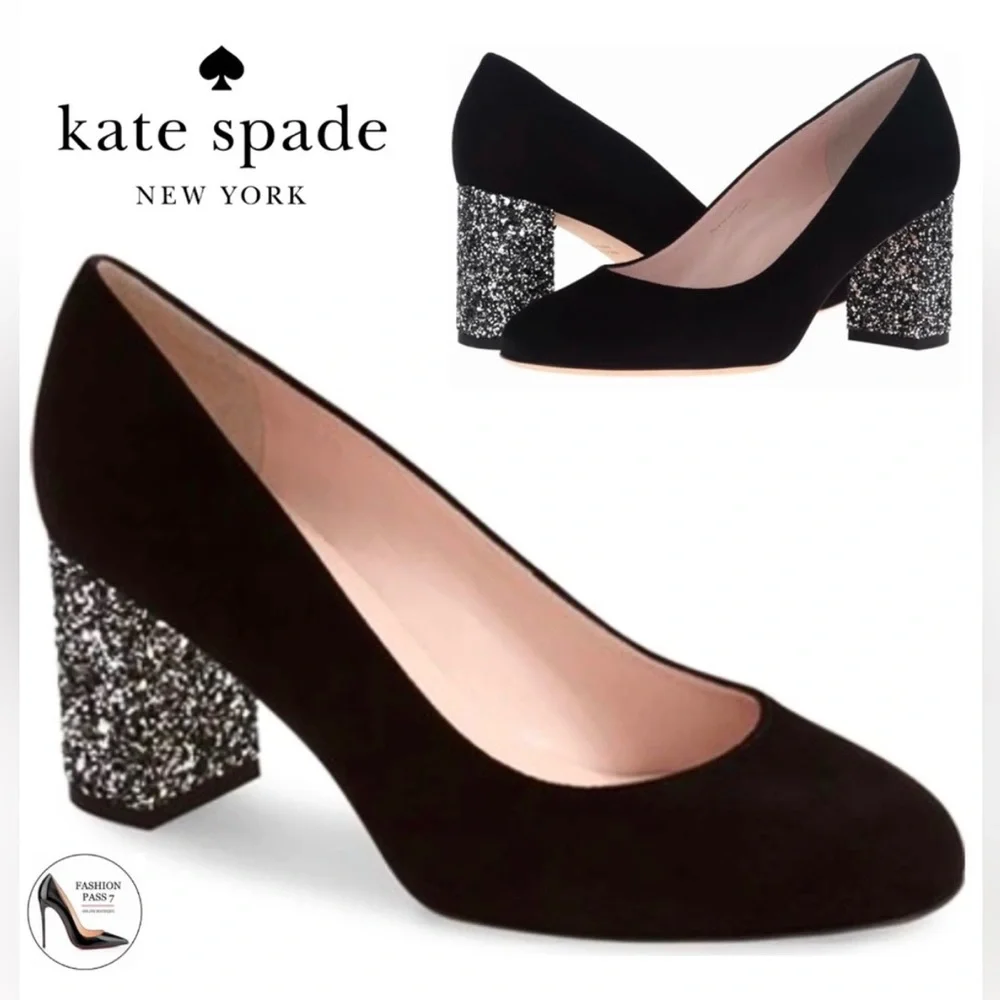 ✨ Kate Spade New York Anastasia Black Suede Glitter Block Heels size 7M - Picture 1 of 11